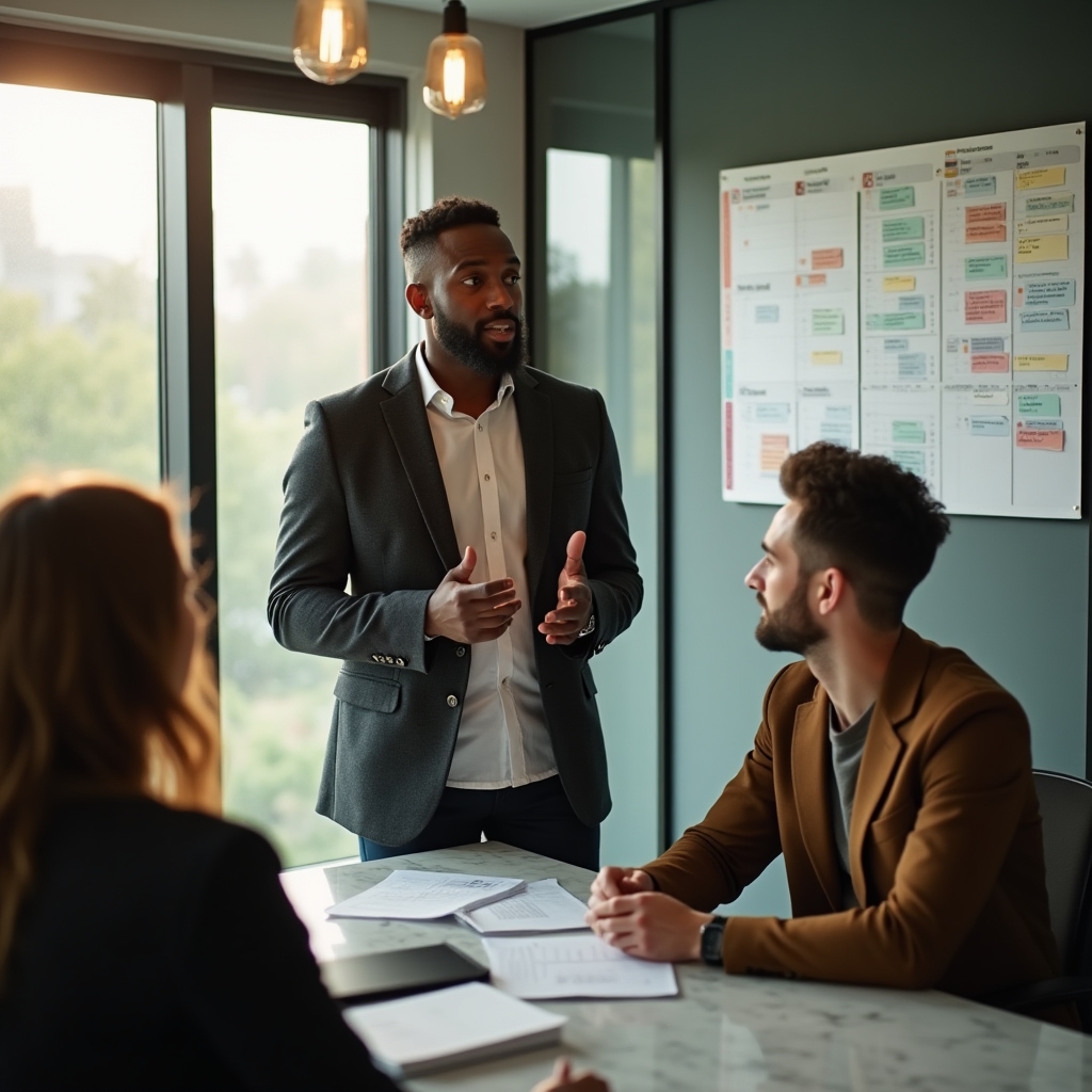 Responsable técnico planificando sprint con equipo de desarrollo en oficina moderna